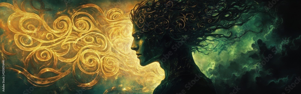 Poster Mystical profile of a man filled with swirling patterns in a dreamlike environment