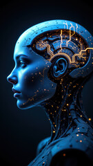Obraz premium Futuristic AI humanoid robot with glowing blue neural network interface.
