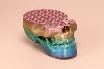 3d printer creating colorful plastic skull with honeycomb filling