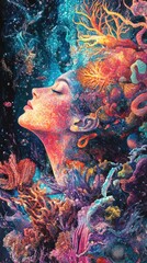 Mystical woman glowing within a vibrant underwater world filled with coral and marine life
