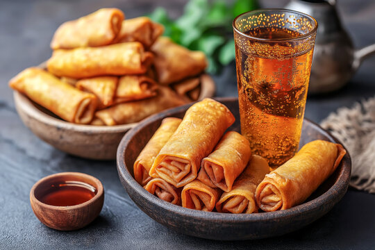 Crispy golden injera rolls served with a glass of sparkling tej (honey wine) and a small bowl of honey, styled on rustic wooden bowls, captured in a professional Ethiopian-inspired food photograph
