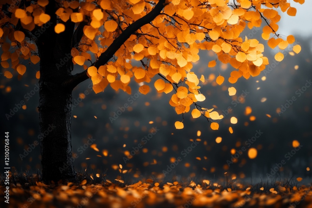 Aufkleber a magical yellow tree glowing in a twilight forest, with golden leaves shimmering and casting ethere
