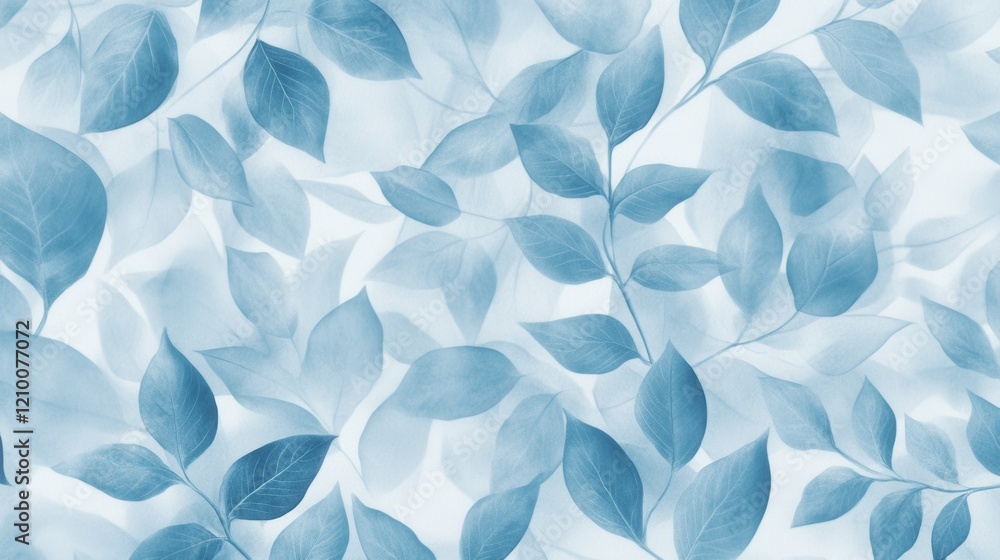 Poster muted dusty blue background featuring delicate leaf patterns in various shades creating an elegant a