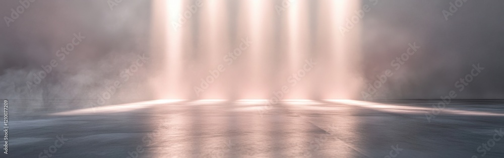 Poster minimalist setting with pale pink and soft beams of light illuminating a calm surface at dawn