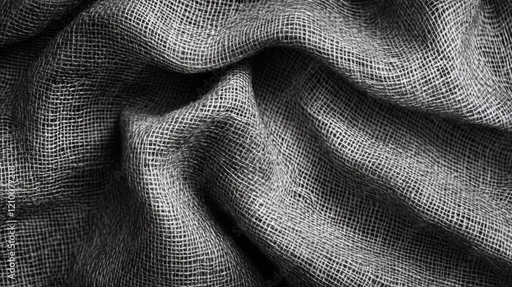 Poster Monochromatic gray burlap texture showcasing intricate weave patterns and subtle variations in fabric shade