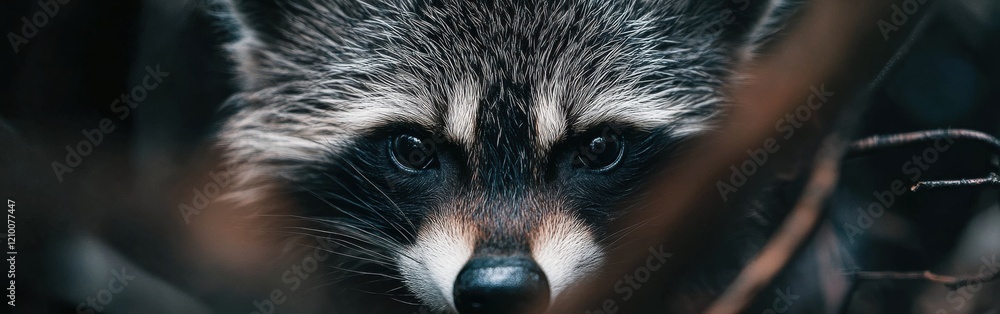 Poster Close-up view of a raccoon dog's face displaying its distinctive features in a natural setting