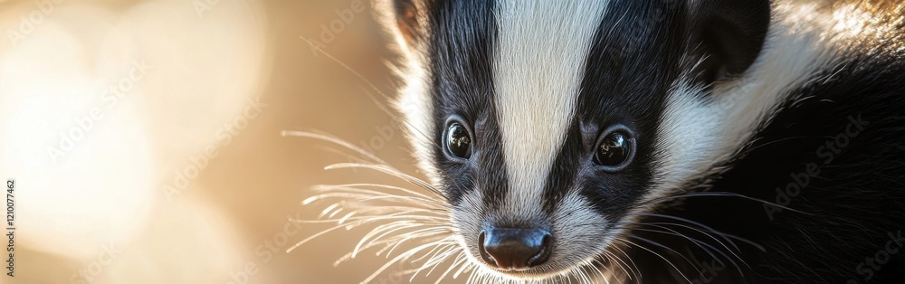 Poster close-up of a skunk's face highlighting its unique features and expressive eyes in natural light