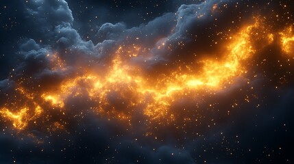 Obraz premium Fiery Nebula: A mesmerizing cosmic landscape of a fiery nebula, swirling with vibrant orange and yellow flames amidst dark, brooding clouds and scattered stardust.