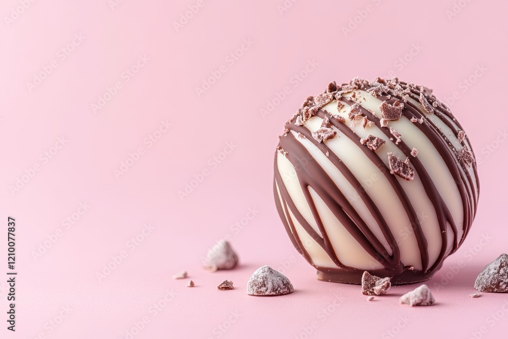 Poster a minimalist design of a single chocolate truffle with a soft shadow, placed on a plain pastel pink 