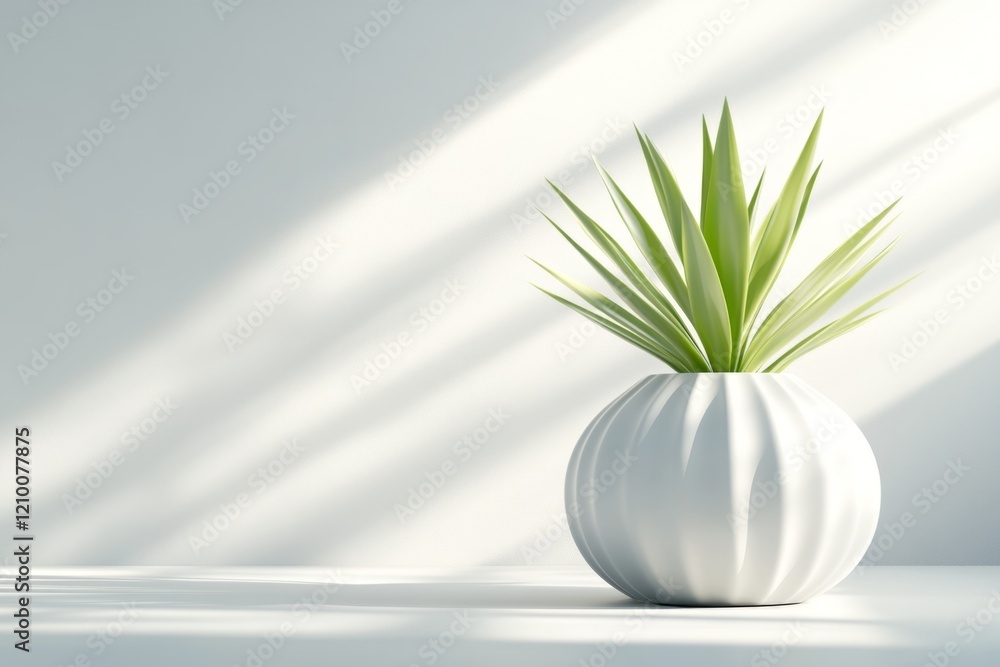 Poster A minimalist design of a single yucca plant in a sleek white planter, centered on a plain gray background with soft shadows