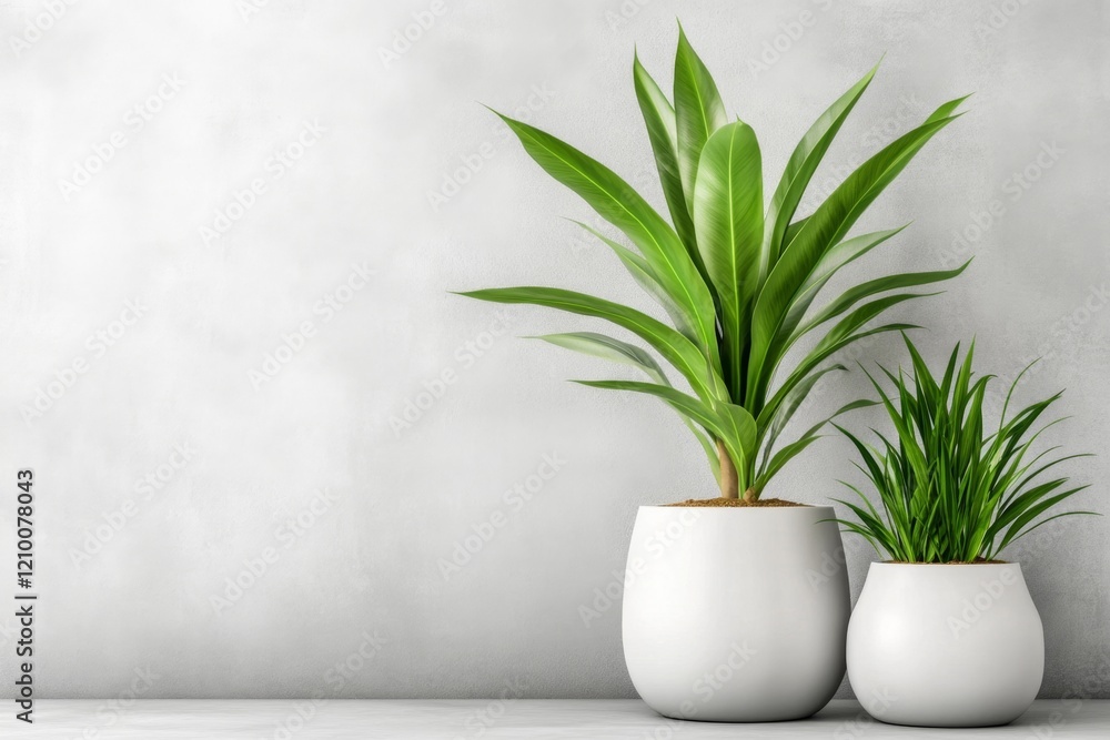 Poster A minimalist design of a single yucca plant in a sleek white planter, centered on a plain gray background with soft shadows
