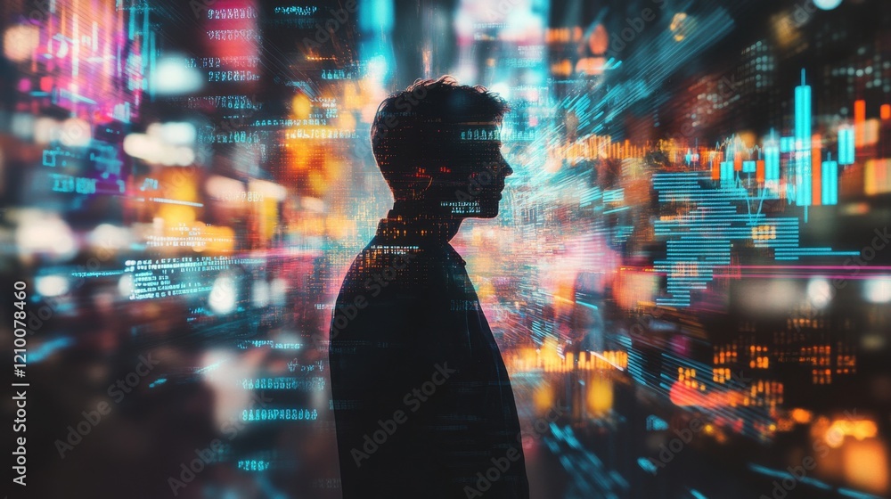 Poster trader immersed in dynamic market data amidst vibrant city backdrop during evening hours