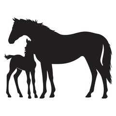 Mare with foal black silhouette horse on white background, vector