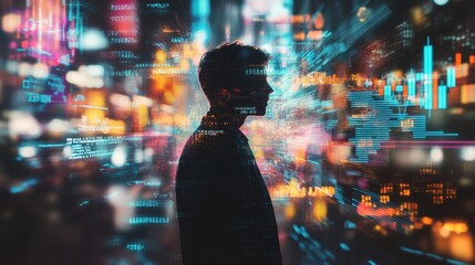 Trader immersed in dynamic market data amidst vibrant city backdrop during evening hours