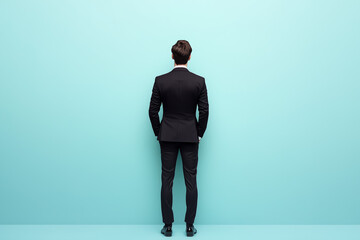 Businessman in formal black suit standing contemplatively back turned from behind against pastel blue background with copy space. Work and success concept.