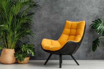 A minimalist yellow chair placed against a gray wall in a modern studio, creating a pop of color in the space
