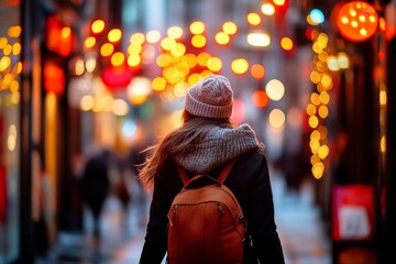 Obraz premium A figure walking along a quiet street lined with closed shops and dimly lit signs at dusk