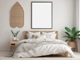 Interior design of room with blank poster frame, Buttercream desk, cozy bed, vase with leaves