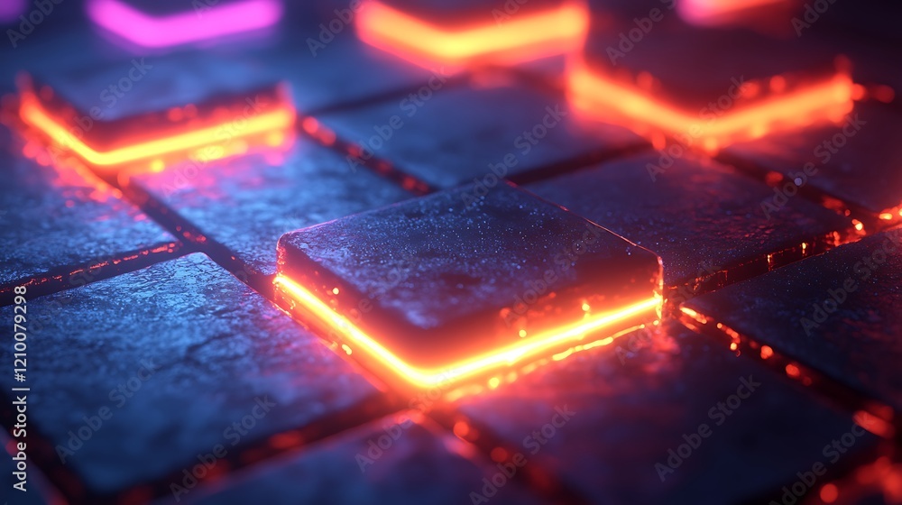 Poster neon grid: a close-up of a vibrant and abstract neon grid, featuring glowing neon lines and squares,