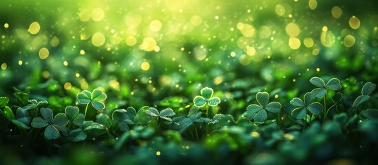 Green clover field, bokeh background, St. Patrick's