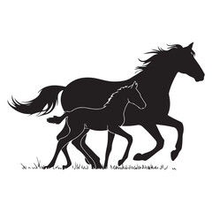 Mare with foal black silhouette horse on white background, vector