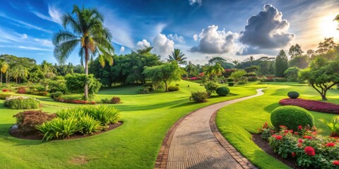 Serene Sunset Stroll Through a Lush Tropical Garden Paradise with Winding Pathways and Vibrant Floral Displays