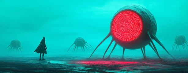 Wanddecoratie Koraalgroen Mysterious encounter with alien creatures futuristic landscape digital art surreal environment wide-angle view sci-fi concept  © Anurak