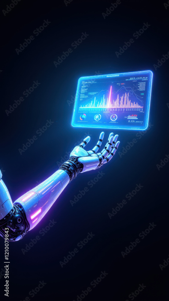 Poster a humanoid robot hand holding a futuristic tablet with digital graphs and analytics displayed on its
