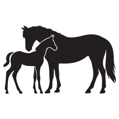 Mare with foal black silhouette horse on white background, vector