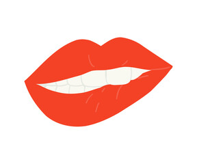 Smile with red lips in flat style. Lips, teeth, smile. Hand drawn vector situation.