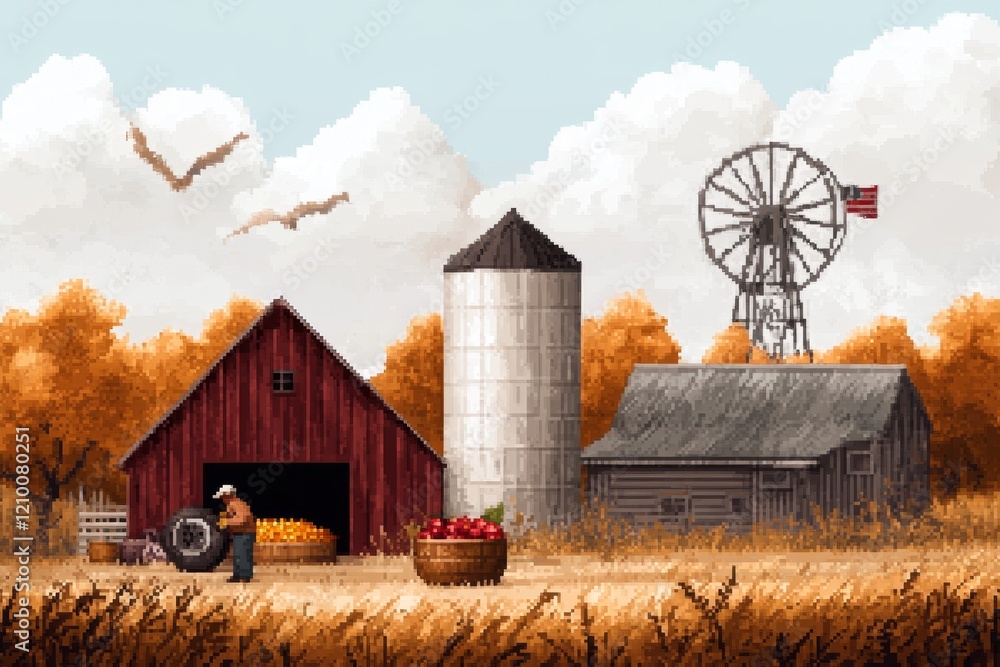 Poster a pixel art representation of a farm worker gathering crops, with animated motions of placing fruits
