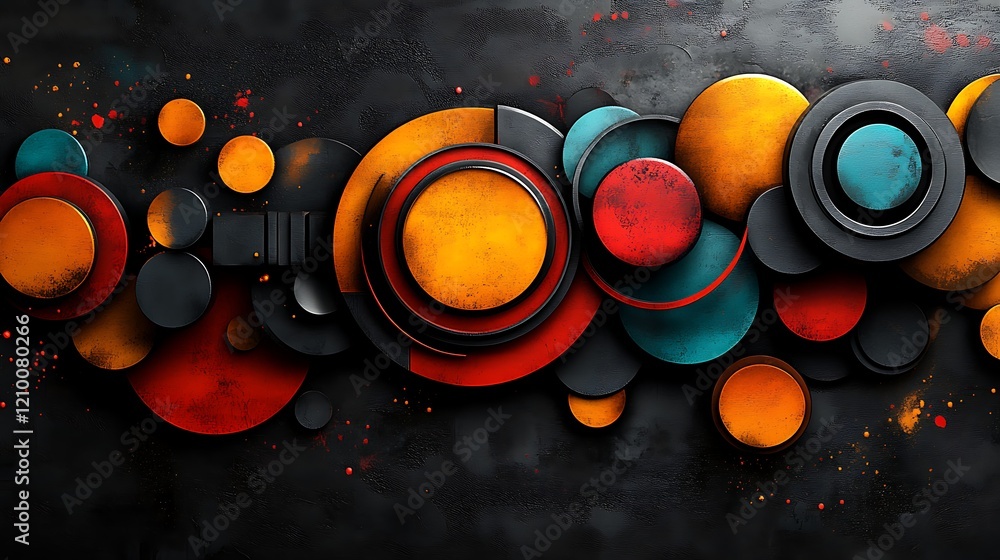 Poster abstract circlescape: a vibrant composition of overlapping circles in shades of orange, red, teal, a