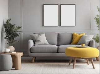 living room interior with Ecru armchair, Yellow pillow, Dove Gray sideboard