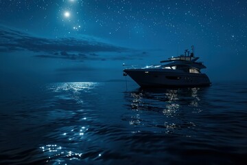 Modern yacht sailing on calm sea with starry night and moonlight reflection creating a luxurious and relaxing atmosphere