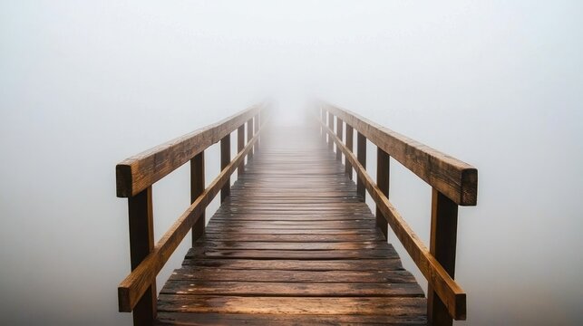 Foggy lake wooden bridge path leading to mystery, website banner