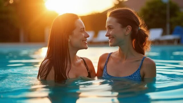 Joyful Summer Moments: Two Young Women Sharing Laughter and Friendship in a Pool During Sunset, Celebrating Life and Connection