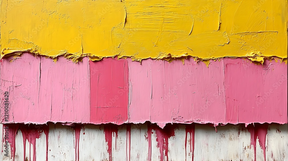 Poster abstract textured layers: a close-up abstract image showcasing vibrant yellow and pink painted woode