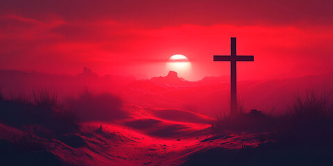Obraz premium Christian background, cross on sunset background