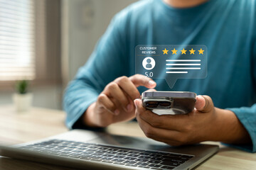 Customer satisfaction feedback, User give rating service experience online. Customer review satisfaction feedback survey concept for evaluating quality, Business reputation and performance ranking.