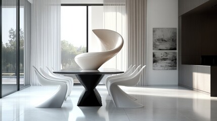 Elegant dining area featuring a modern sculpture and minimalist design, showcasing clean lines and natural light