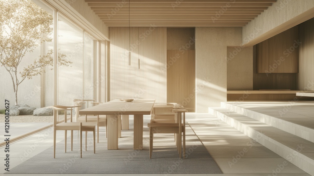 Poster minimalistic dining area featuring a wooden table and natural light in a serene setting