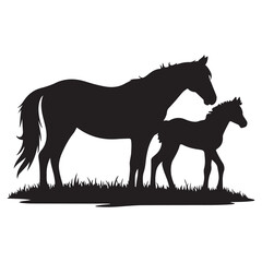 Mare with foal black silhouette horse on white background, vector