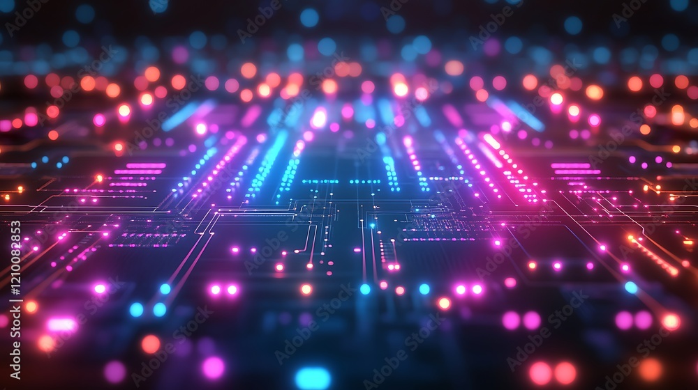 Poster digital circuitry: a mesmerizing abstract image of a digital circuit board bathed in vibrant hues of
