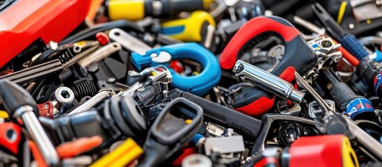 Fototapeta premium Colorful tools pile, outdoor market, background blur, website banner