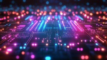 Obraz premium Digital Circuitry: A mesmerizing abstract image of a digital circuit board bathed in vibrant hues of pink and blue, with glowing lines and points of light.