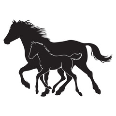 Mare with foal black silhouette horse on white background, vector