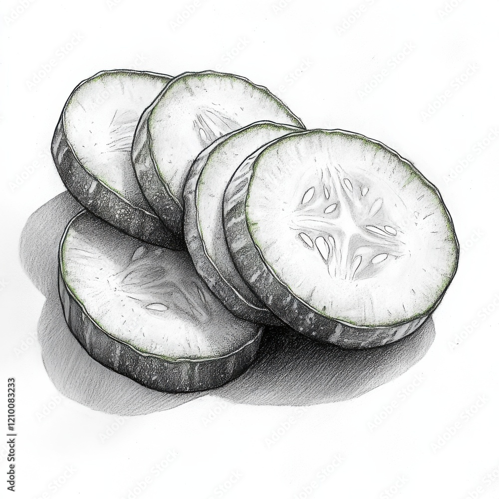 Poster cucumber rounds sliced and arranged in an artistic manner for culinary presentation