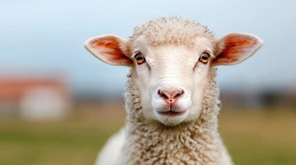 Fototapeta premium Sheep portrait, farm field background, rural scene, agriculture