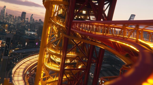 Nighttime city rollercoaster ascent, illuminated track