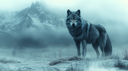 Obraz premium Majestic wolf stands in foggy mountain landscape; winter wildlife scene